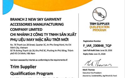 NEW SKY ĐẠT CHỨNG NHẬN TQP – NÂNG CAO TIÊU CHUẨN PHỤ LIỆU MAY MẶC